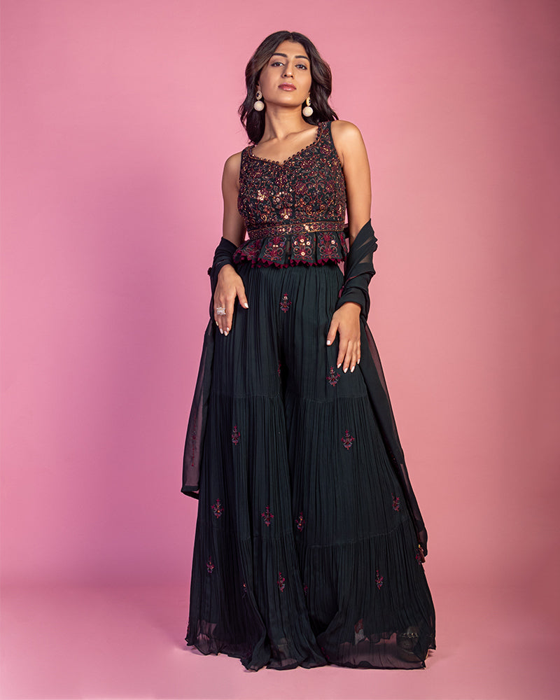 Black Crop Top with Palazzo and Dupatta in Georgette