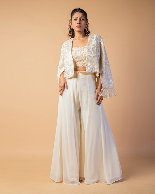 White Embroidered CropTop Palazzo Set with Shrug