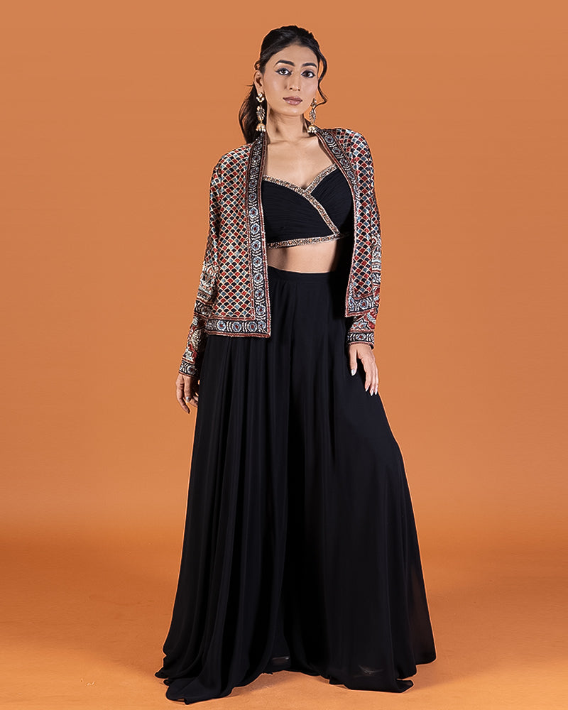 Black Crop Top with Embellished Jacket and Palazzo Pants