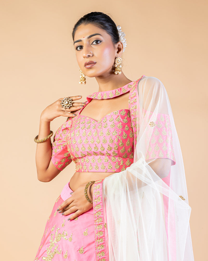 Soft Pink Floral Embroidered Flared Lehenga Set With Dupatta