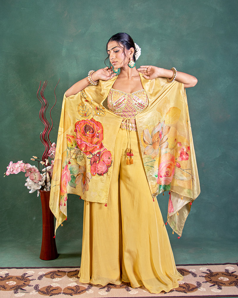 Mustard Yellow Flared Palazzo and Blouse with Cape Style Jacket