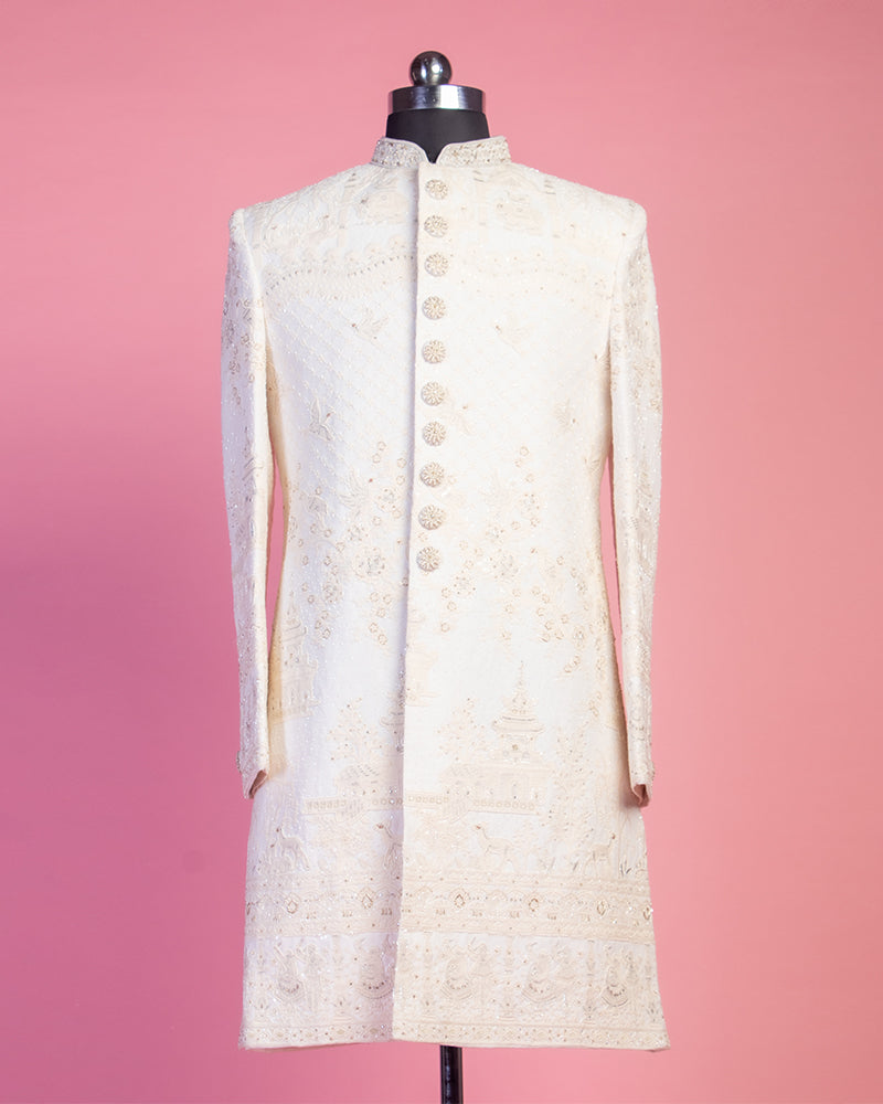 White Sherwani with Pyjama in Cotton