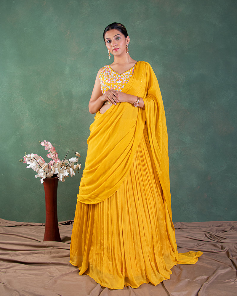 Mustard Yellow Crop top with Draped Dupatta and Skirt