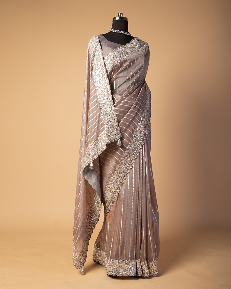 Pastel Brown Chiffon Saree With unstitched blouse