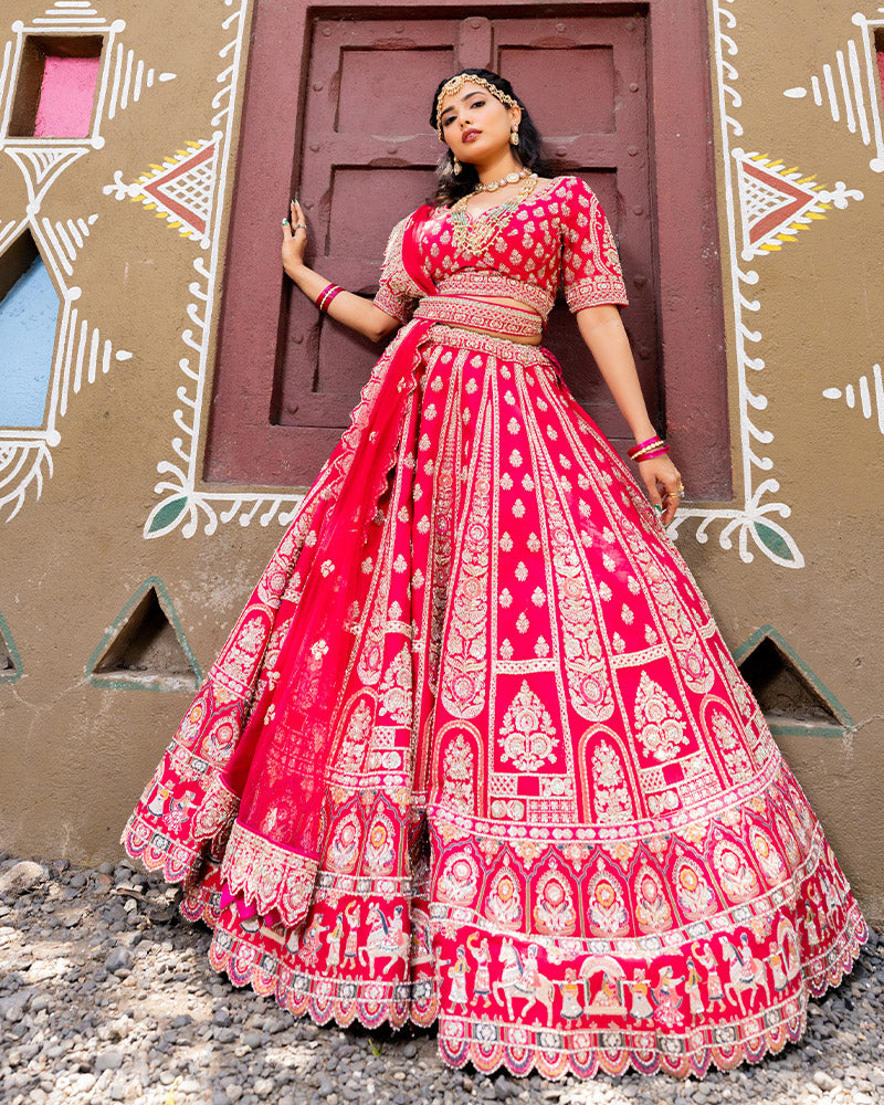 Ruby Pink Heavy Butta Embroidered Lehenga Set With Dupatta