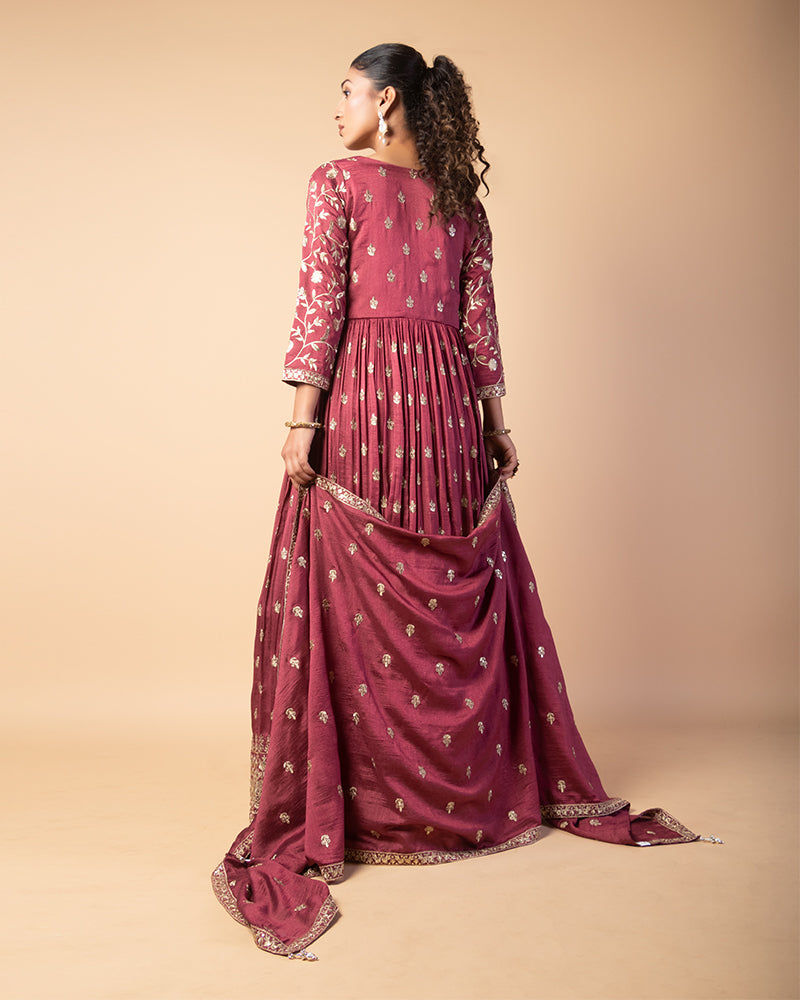 Rich Maroon Hand Embroidered Anarkali With Dupatta