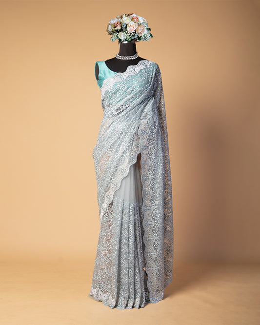 Grey Floral Embroidered Organza Saree With unstitched blouse