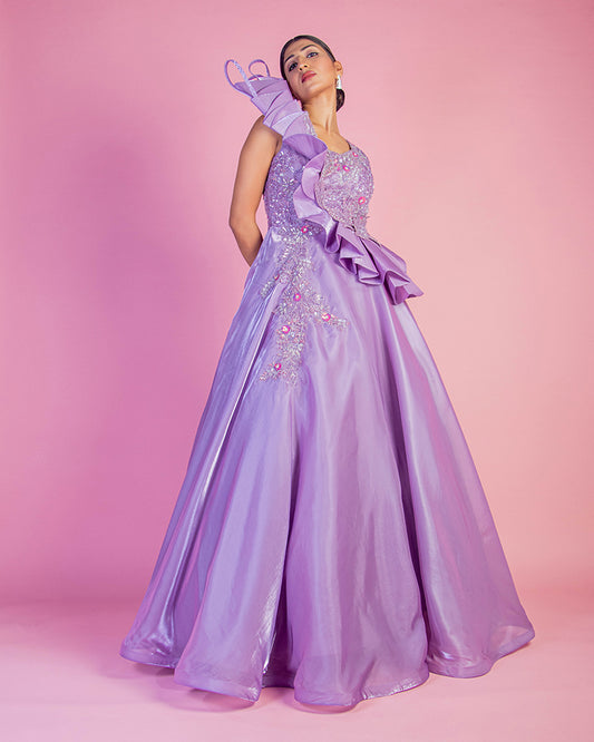 Lilac Satin Hand Embroidered Gown For Bride