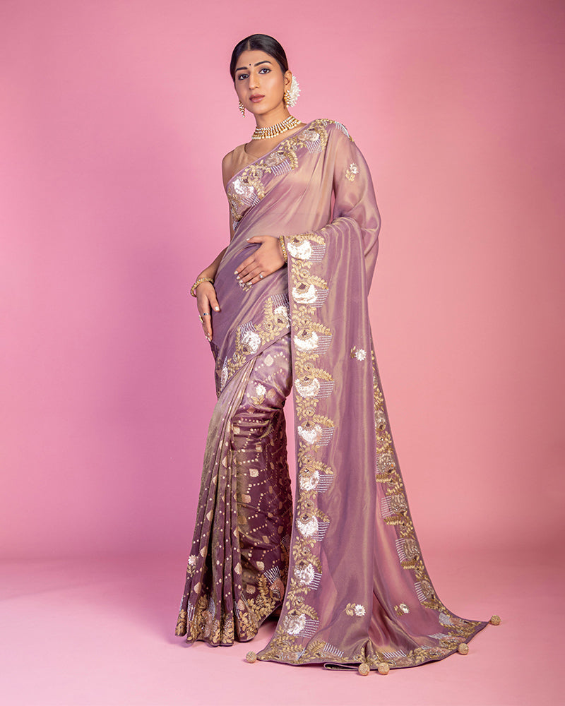 Pastel Wine Embroidered Party Wear Saree with Unstitched Blouse