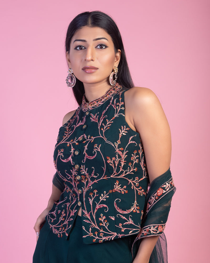 Timber Green Floral Embroidered CropTop Palazzo With Dupatta