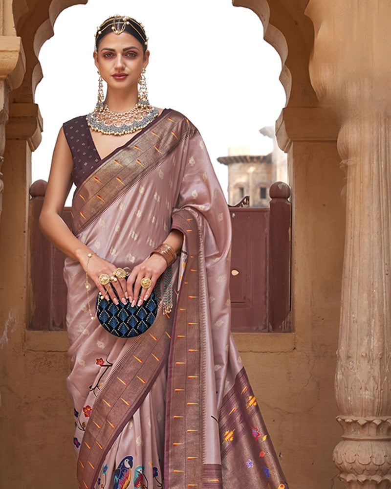 Rose gold Sparrow Printed Cotton Silk Saree for Festive Session
