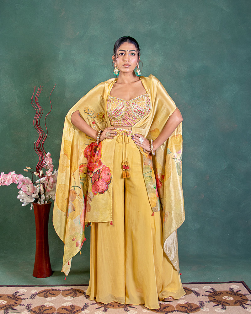 Mustard Yellow Flared Palazzo and Blouse with Cape Style Jacket