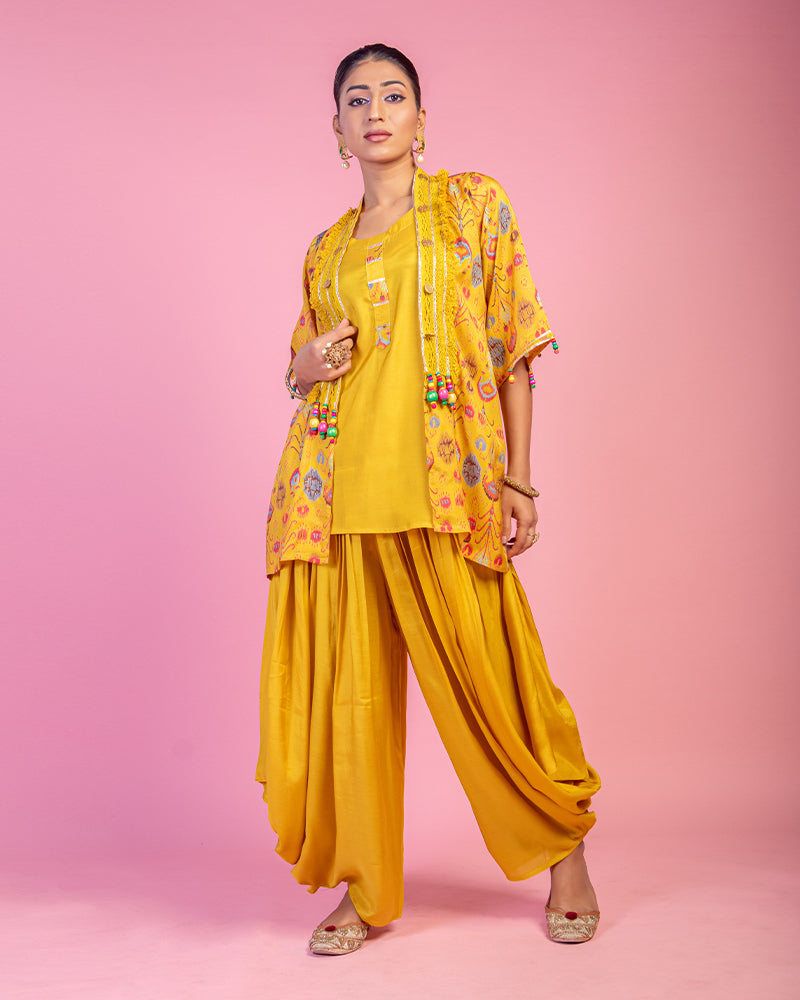 Yellow Kurta Dhoti With Printed Shrug