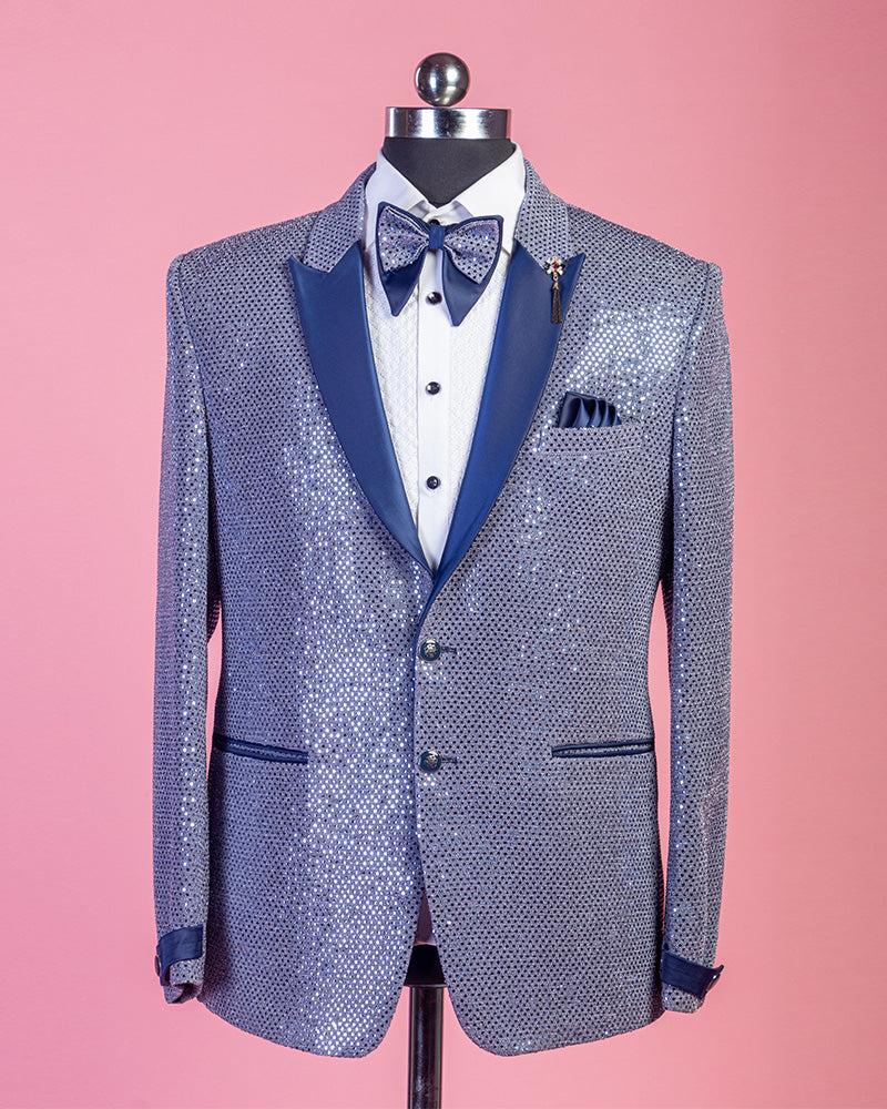 Blue Rayon Silk Heavy Embroidered Tuxedo Suit