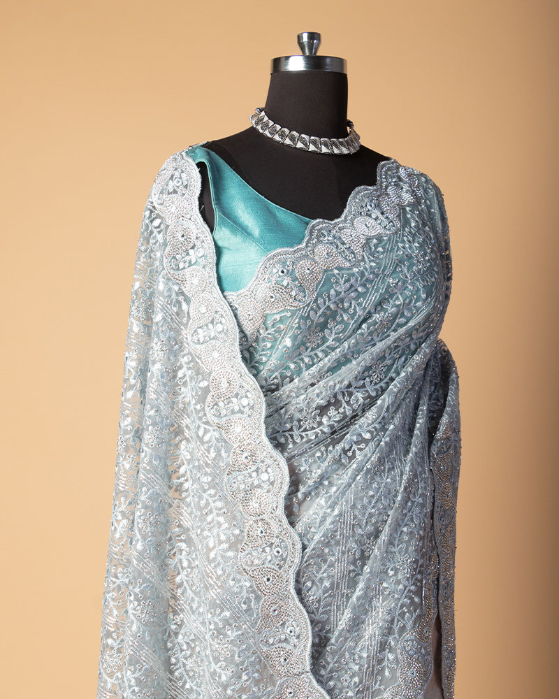 Grey Floral Embroidered Organza Saree With unstitched blouse