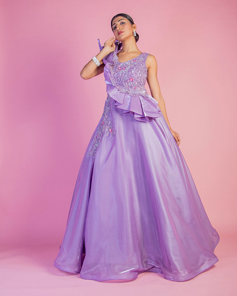 Lilac Satin Hand Embroidered Gown For Bride