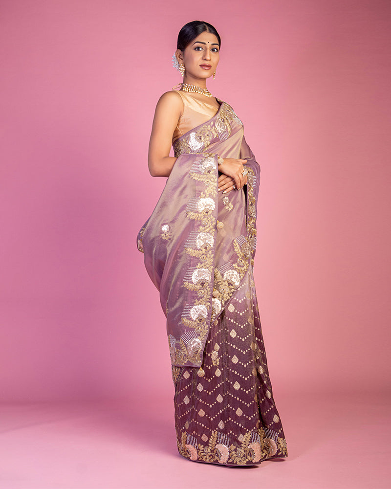 Pastel Wine Embroidered Party Wear Saree with Unstitched Blouse