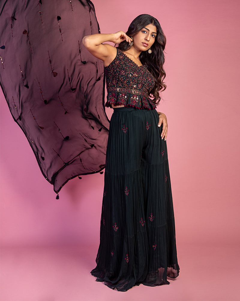 Black Crop Top with Palazzo and Dupatta in Georgette
