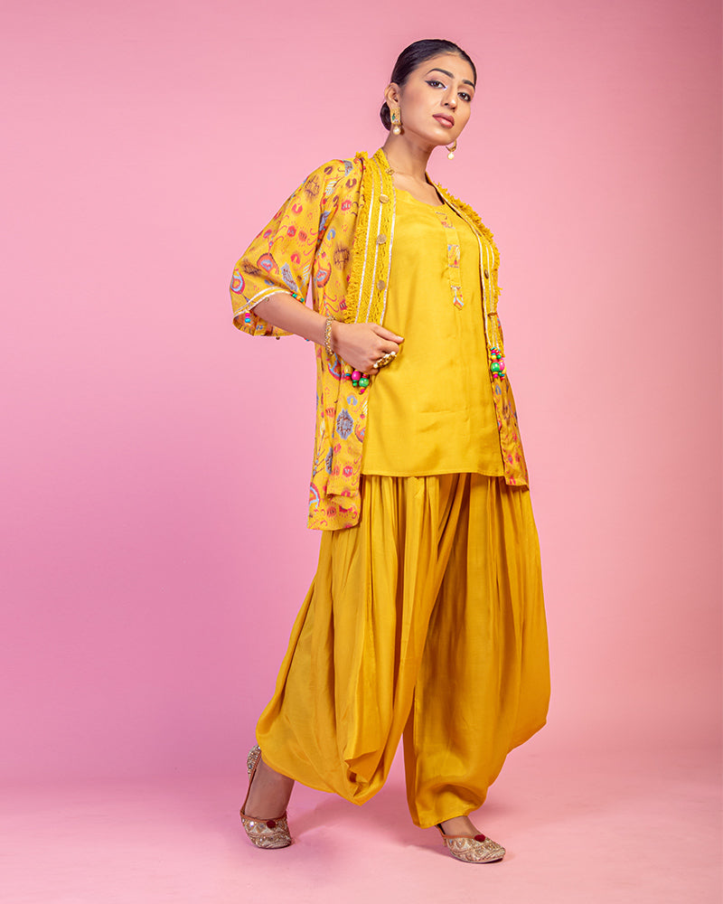 Yellow Kurta Dhoti With Printed Shrug