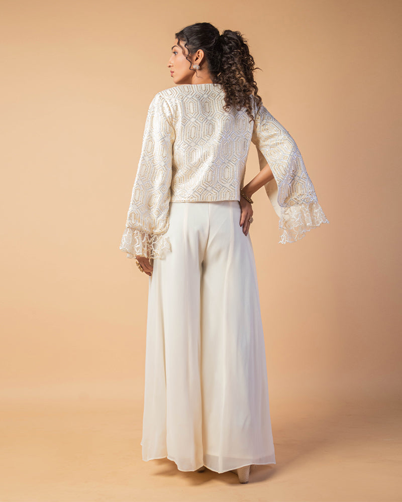 White Embroidered CropTop Palazzo Set with Shrug