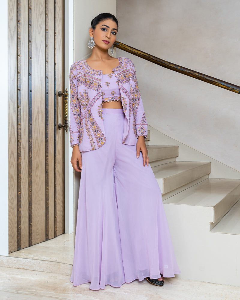 Purple Palazzo Set With Thread Embroidered Jacket