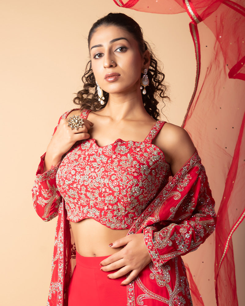 Coral Red Palazzo Set with Embroidered CropTop And Shrug