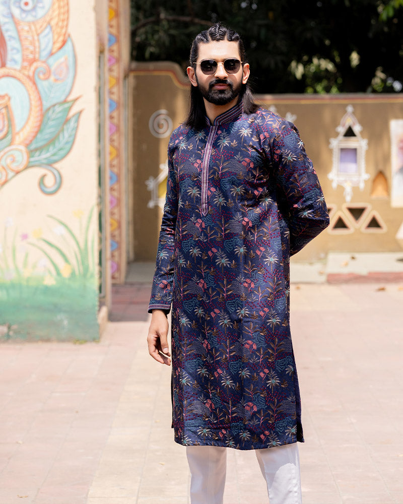 Royal Blue Jacquard Kurta Pajama