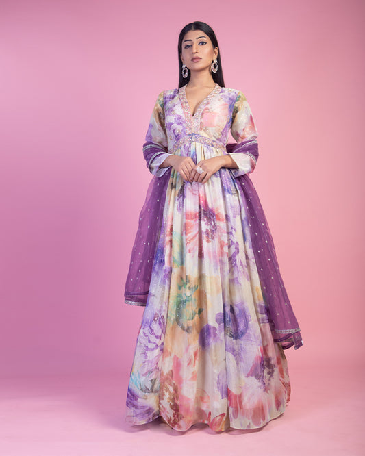 Lavender Mist Silk Embroidered Anarkali Dress With Dupatta