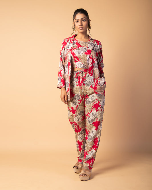 Red Floral Printed Shrug Style Co-ord Set