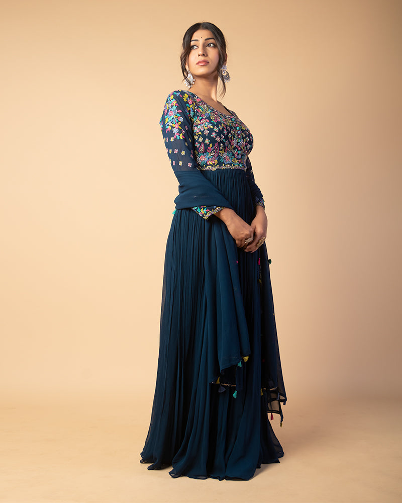 Dark Blue Embroidered Anarkali Set With Dupatta