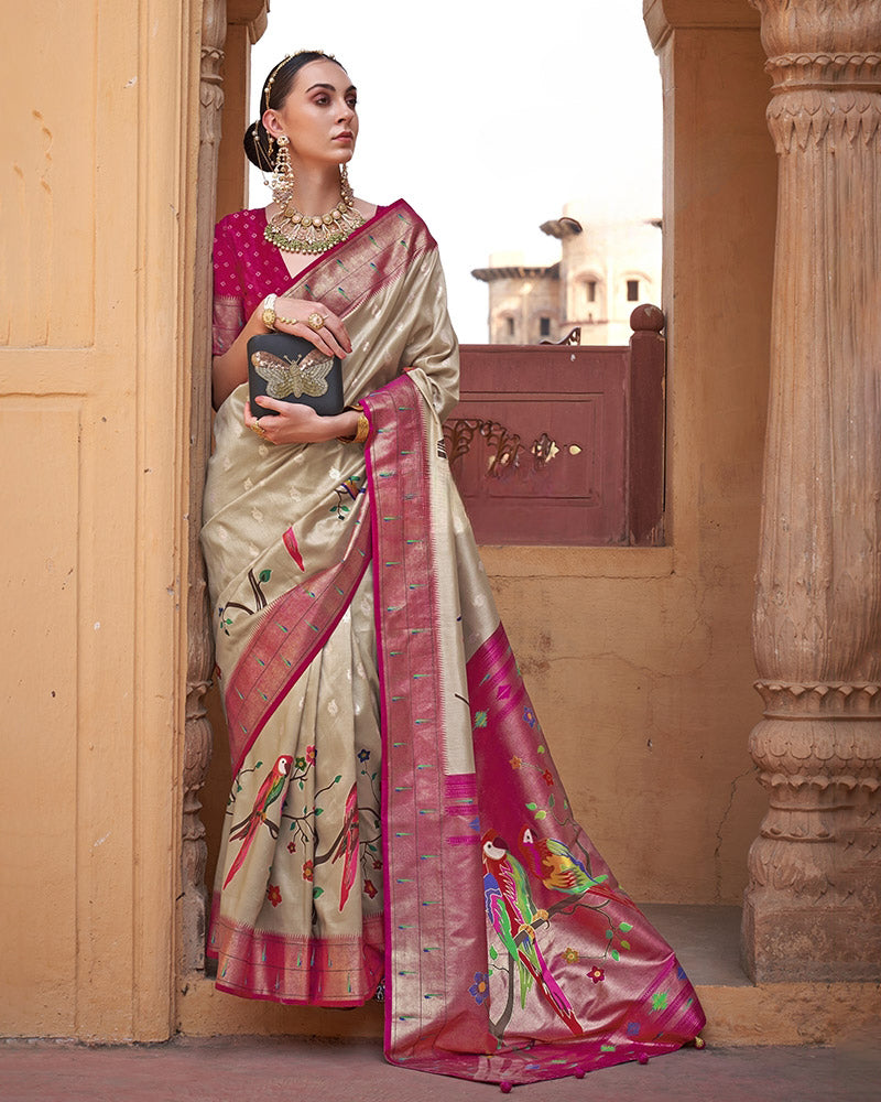 Chikoo Cotton Silk Printed Saree With Figure Detail Pallu And Unstitched Blouse Piece