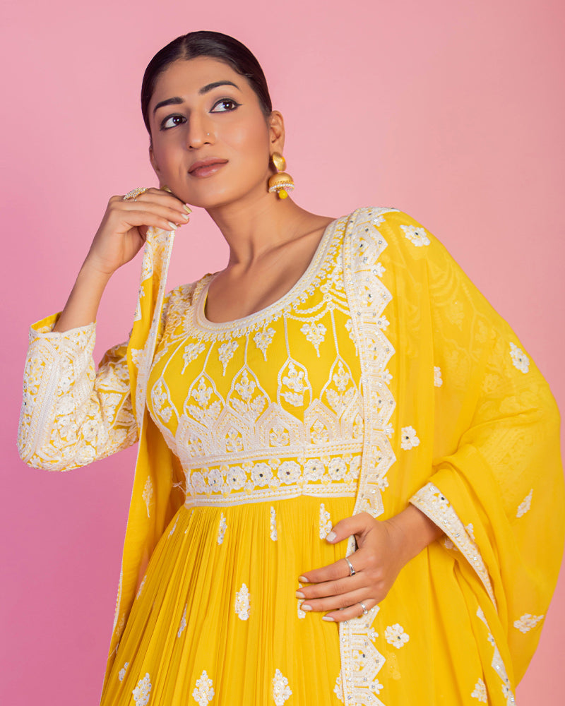 Bright Yellow Floor Length Anarkali Suit with Dupatta