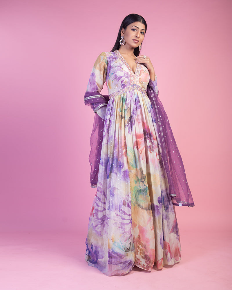 Lavender Mist Silk Embroidered Anarkali Dress With Dupatta