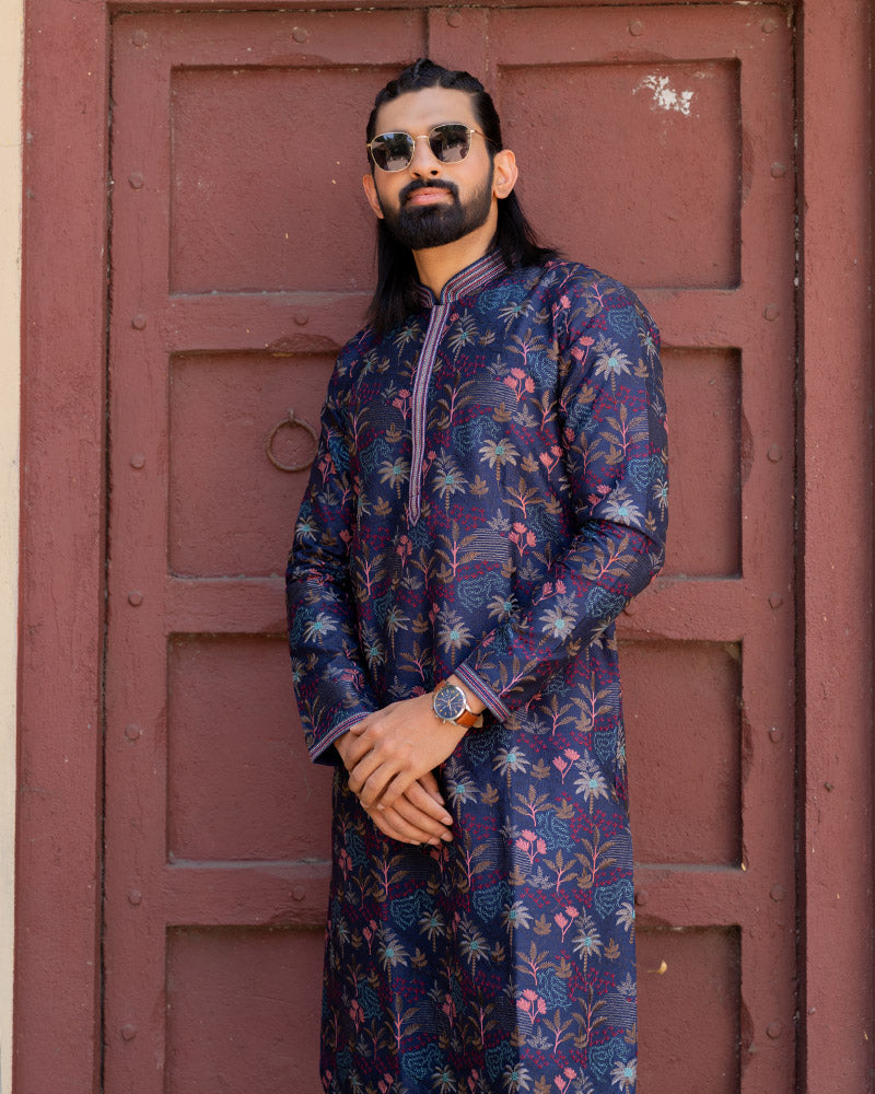 Royal Blue Jacquard Kurta Pajama