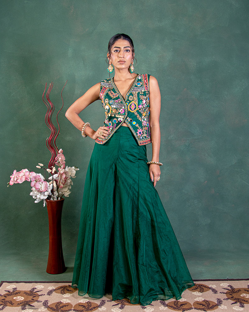 Green Flared Palazzo and Dupatta with Short  Jacket style short blouse