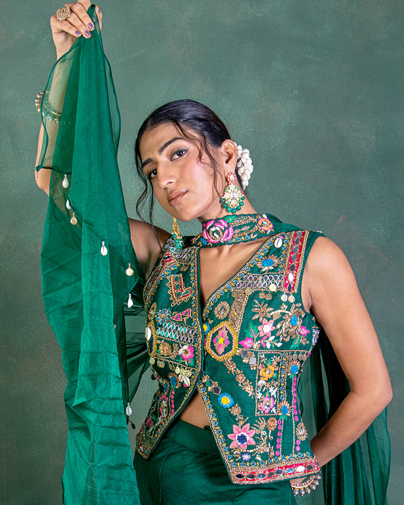Green Flared Palazzo and Dupatta with Short  Jacket style short blouse