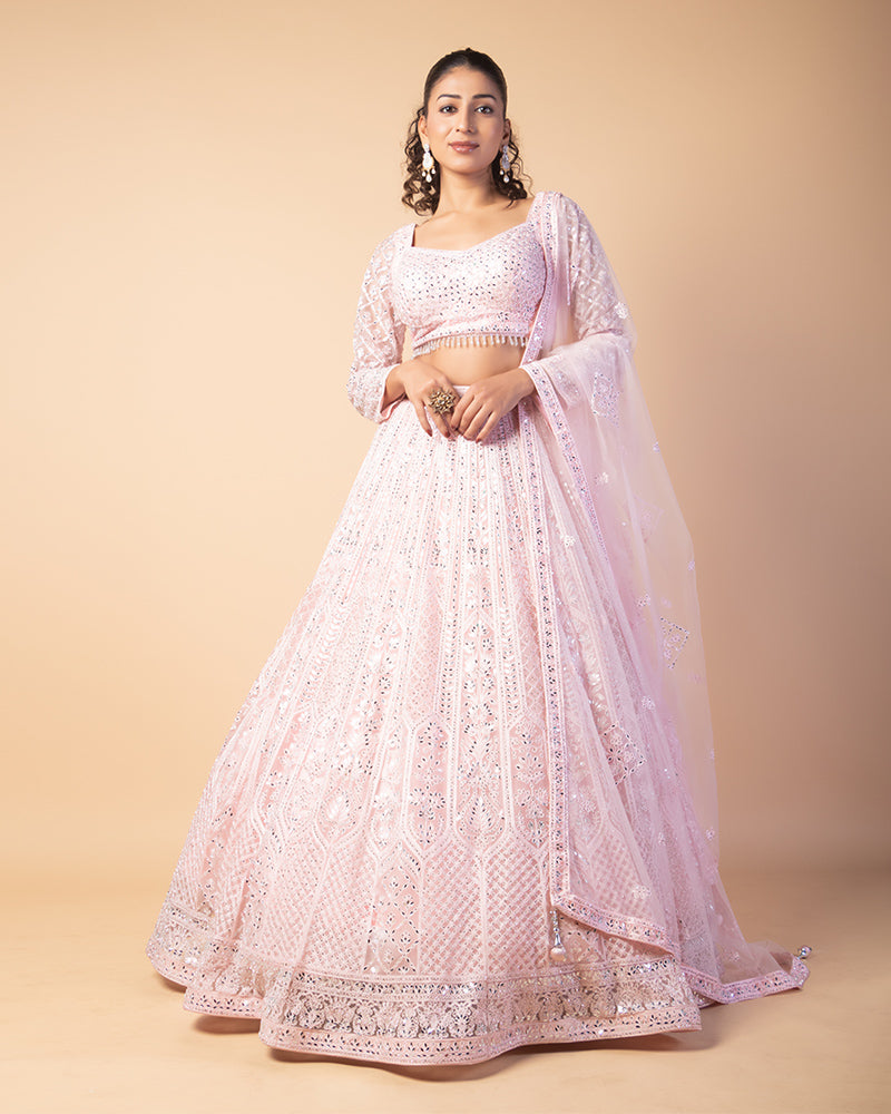 Pastel Pink Floral Stone Embroidered Net Lehenga With Full Sleeves Choli