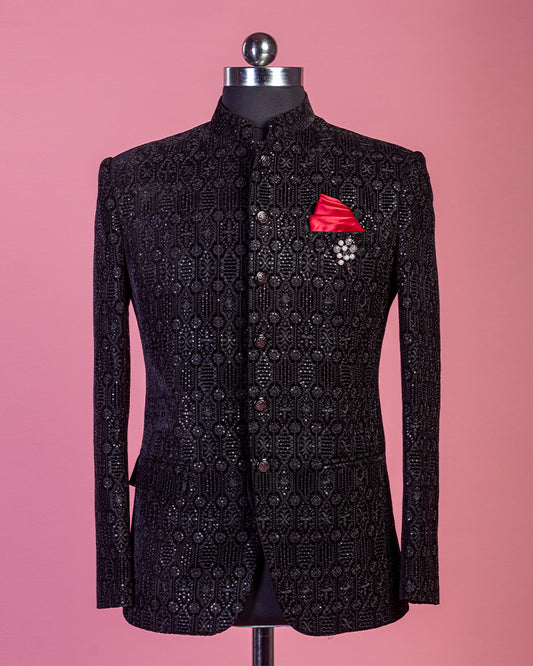 Black Sequin Textured Jodhpuri Suit