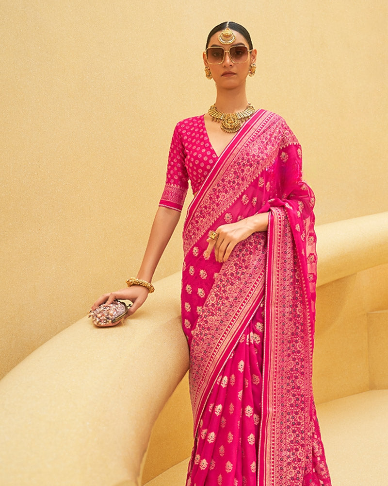Rani Pink Printed Patola Silk Saree with Blouse Piece