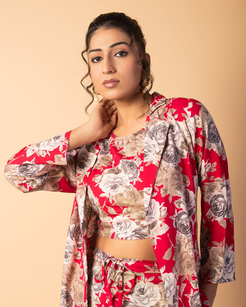 Red Floral Printed Shrug Style Co-ord Set