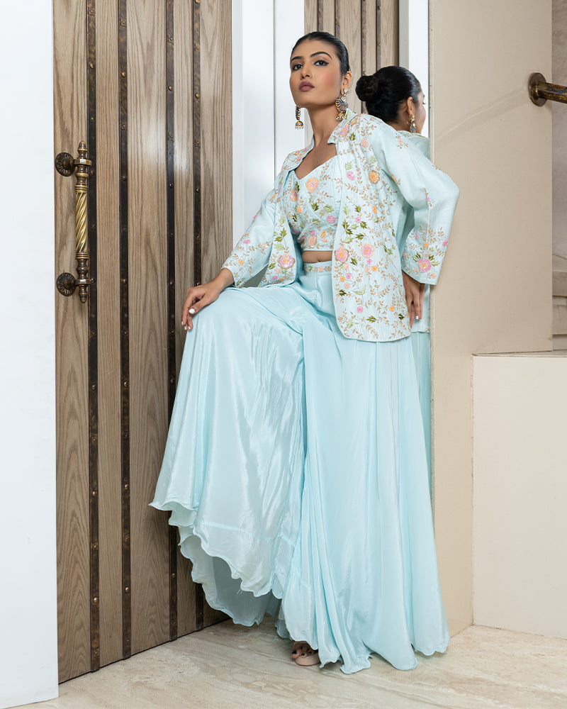 Powder Blue Palazzo Set With Thread Embroidered Jacket