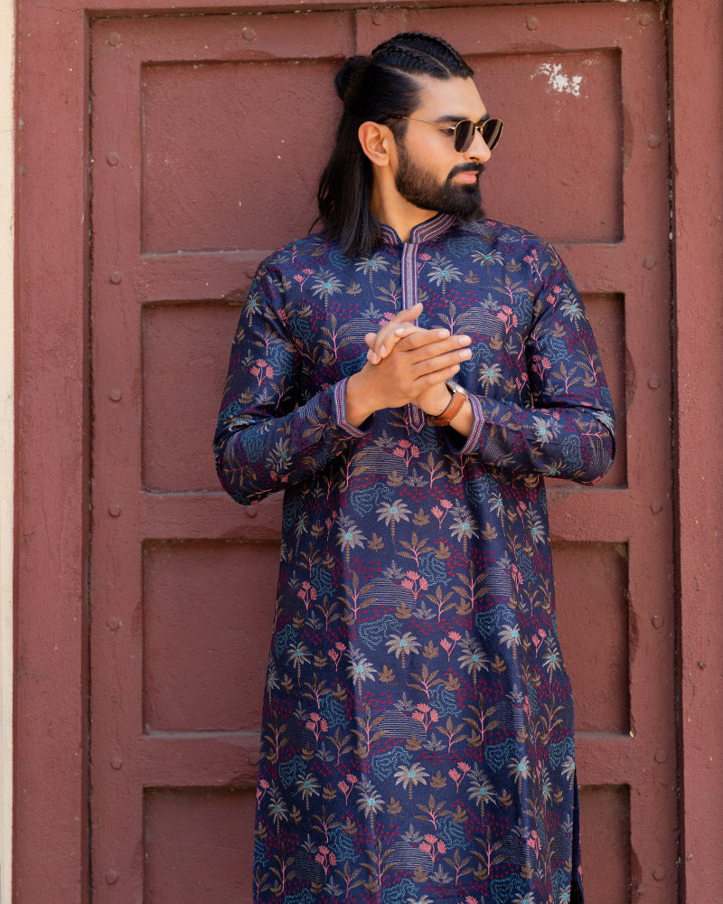 Royal Blue Jacquard Kurta Pajama