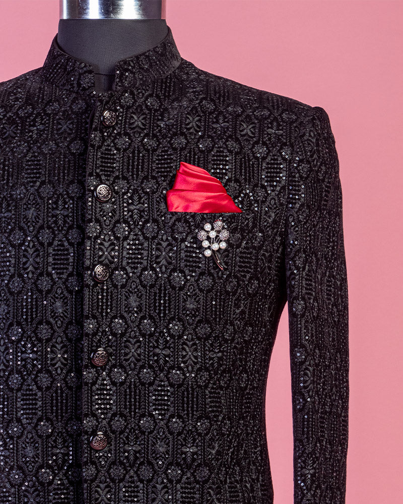 Black Sequin Textured Jodhpuri Suit