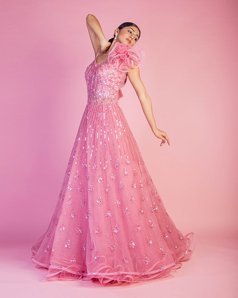 Salmon Pink Net Sequins Hand Embroidered Gown For Bride