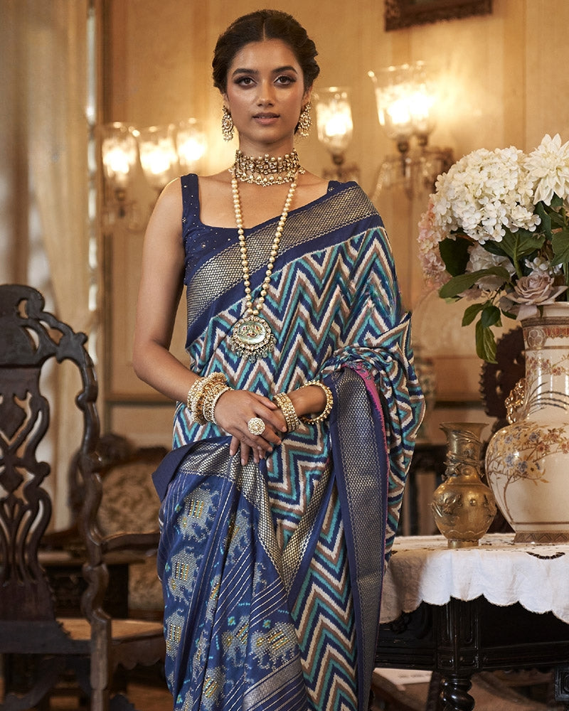 Blue Abstract Printed Patola Silk Saree with Blouse Piece