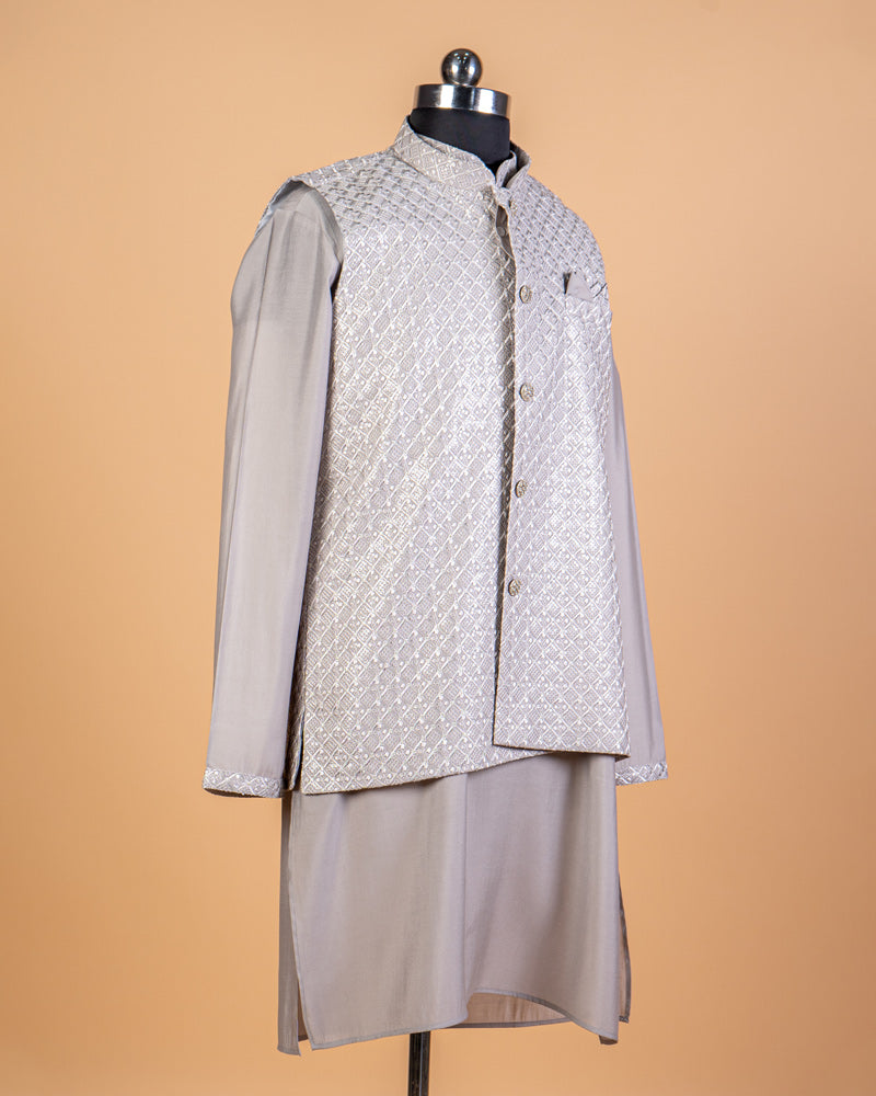 Grey Men’s Kurta Set With Sequins And Thread Embroidered Coat