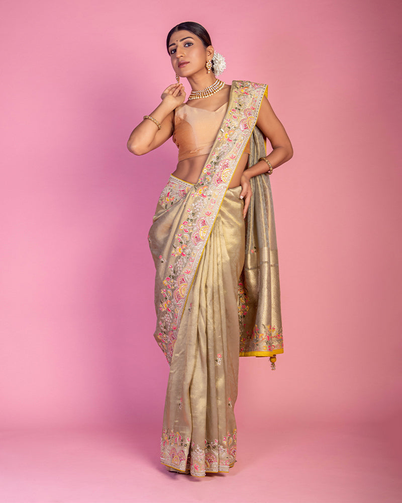 Embroidered Gold Hue Saree for Party Session