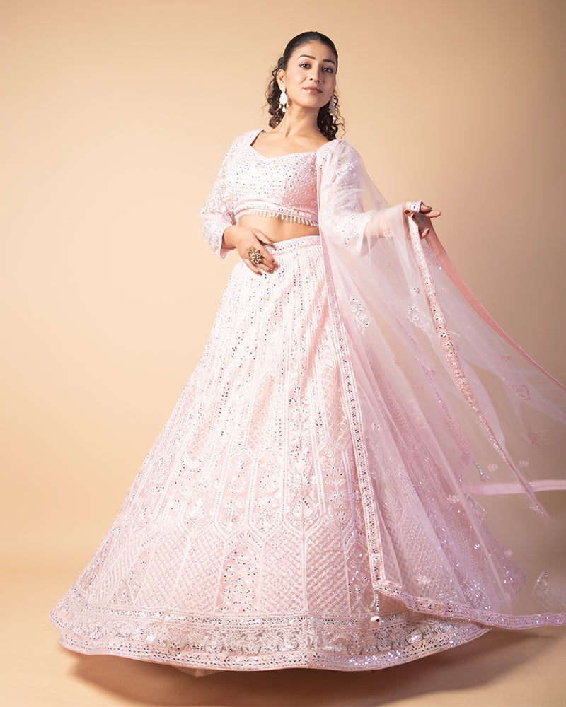 Pastel Pink Floral Stone Embroidered Net Lehenga With Full Sleeves Choli