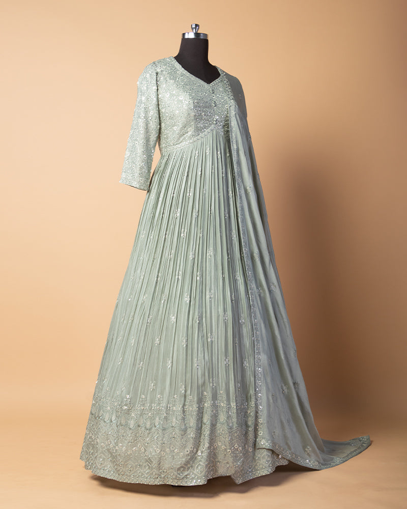 Grey Sequins Embroidered Anarkali Dress With Dupatta