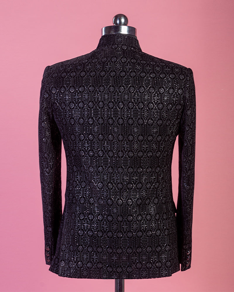 Black Sequin Textured Jodhpuri Suit